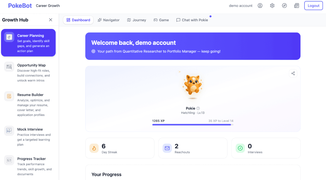 PokeBot dashboard showing career planning, Pokie companion, and progress tracking