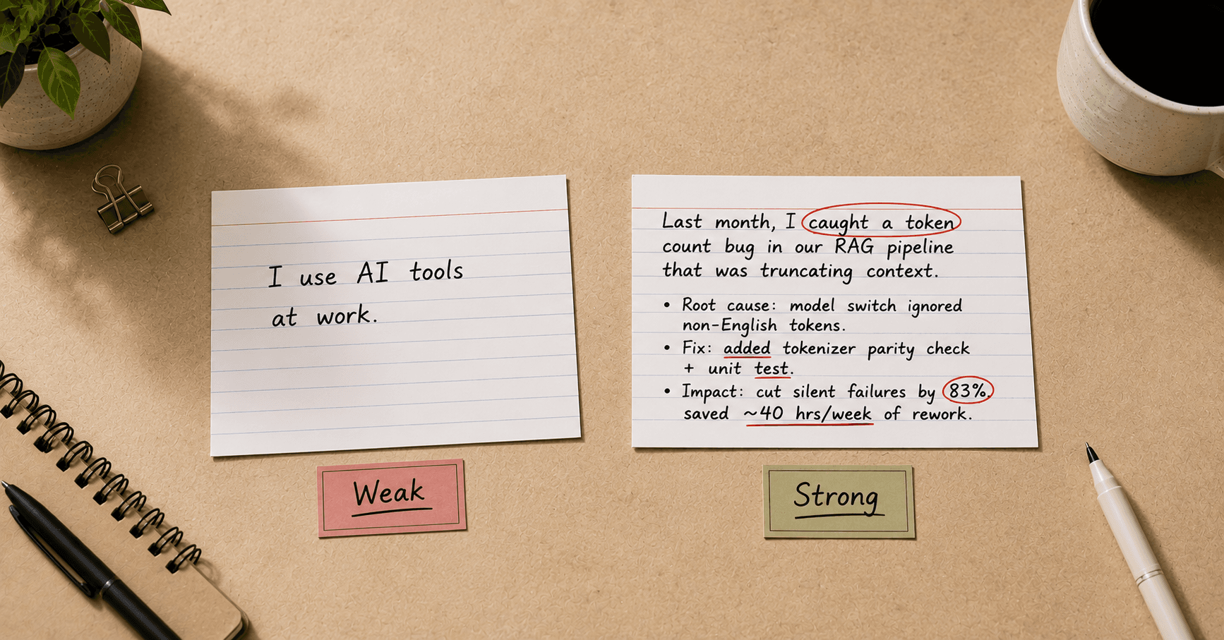 Two handwritten index cards on a desk. The one labelled Weak reads 'I use AI tools at work.' The one labelled Strong describes catching a token-count bug in a RAG pipeline, with root cause, fix, and impact broken out and annotated in red.
