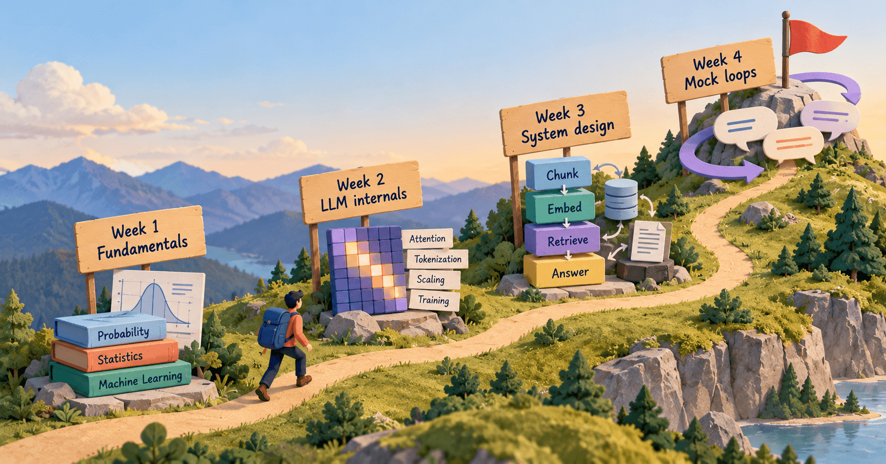 A hiker with a backpack walks a winding trail up a green hillside past four wooden signs. Week 1, Fundamentals, stands by books labelled Probability, Statistics and Machine Learning and a bell-curve chart. Week 2, LLM internals, by a glowing attention grid and cards for Attention, Tokenization, Scaling and Training. Week 3, System design, by stacked blocks reading Chunk, Embed, Retrieve and Answer beside a database. Week 4, Mock loops, at the summit with speech bubbles circled by arrows under a red flag.