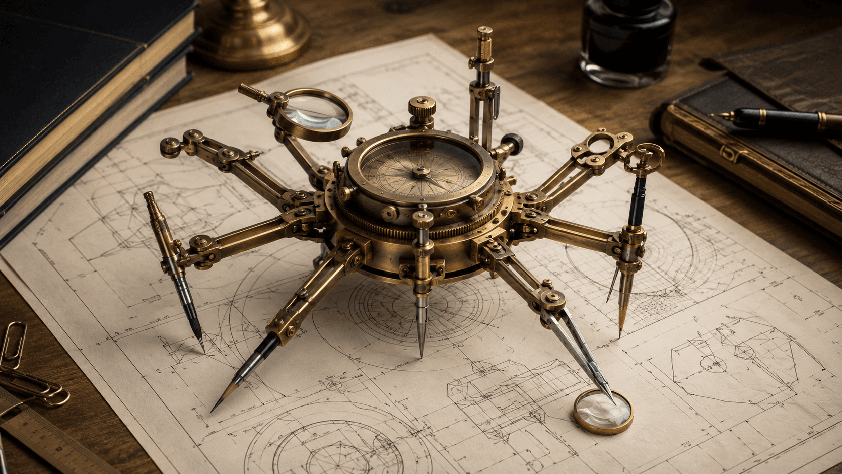 A single brass drafting instrument with many tool arms — pen, compass, magnifier, scriber — all working at once on one technical drawing