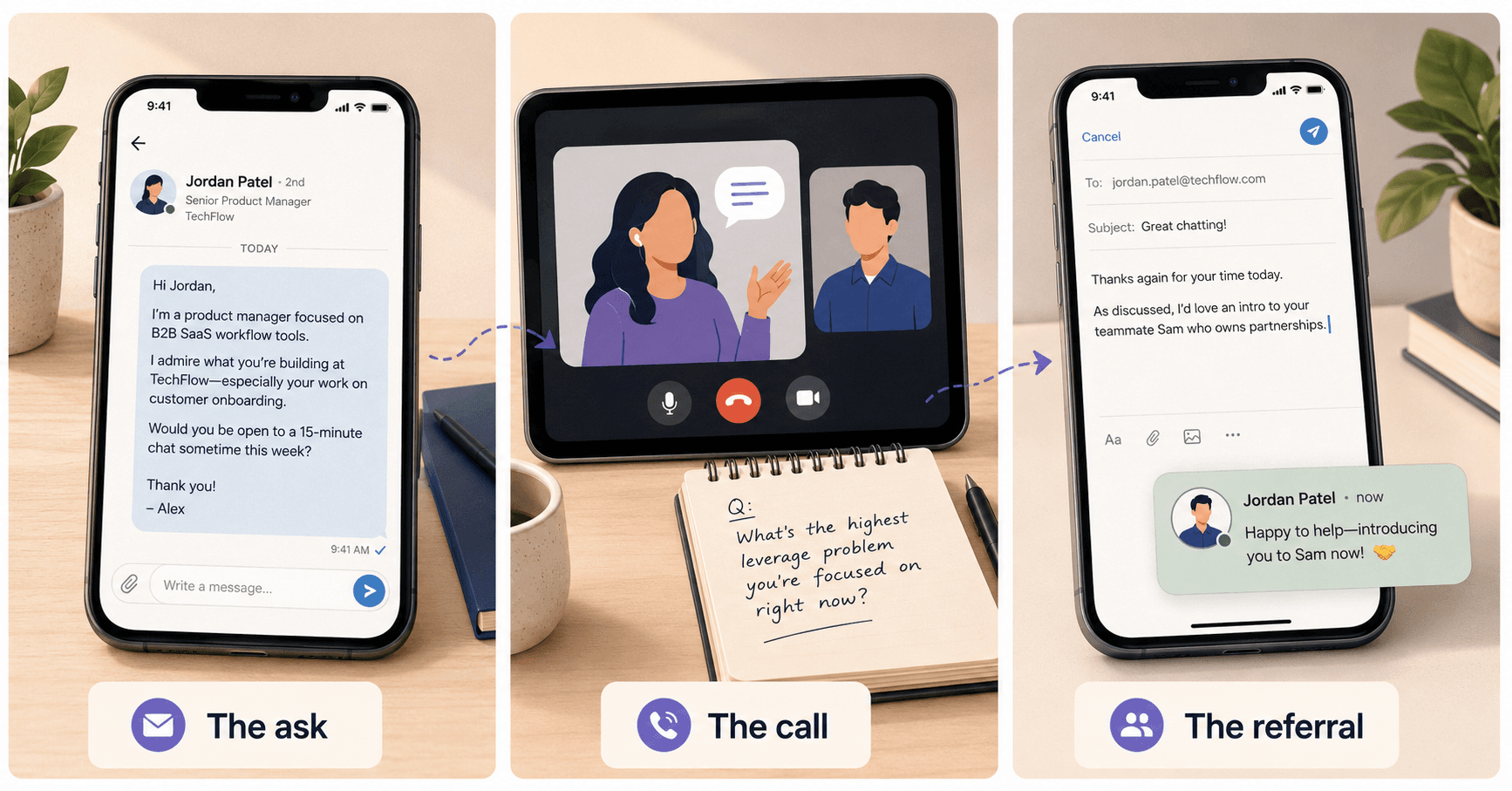 Three phone screens showing the coffee chat sequence: the outreach message, the video call with prepared questions, and the thank-you email that leads to a referral