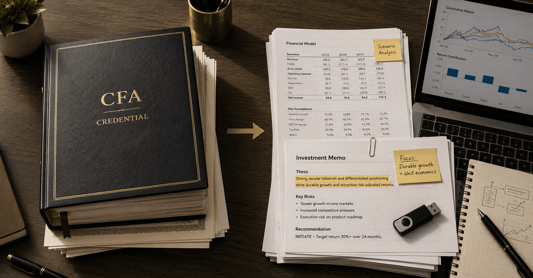 A CFA credential book on a desk beside the work it no longer substitutes for: a financial model with scenario analysis, an investment memo with a highlighted thesis, and return charts on a laptop