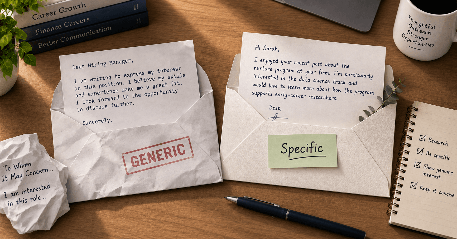 Two open envelopes on a desk: a crumpled one stamped GENERIC holding a typed form letter that opens "Dear Hiring Manager", next to one labeled Specific holding a handwritten note that greets the reader by name and mentions a specific program at their firm.