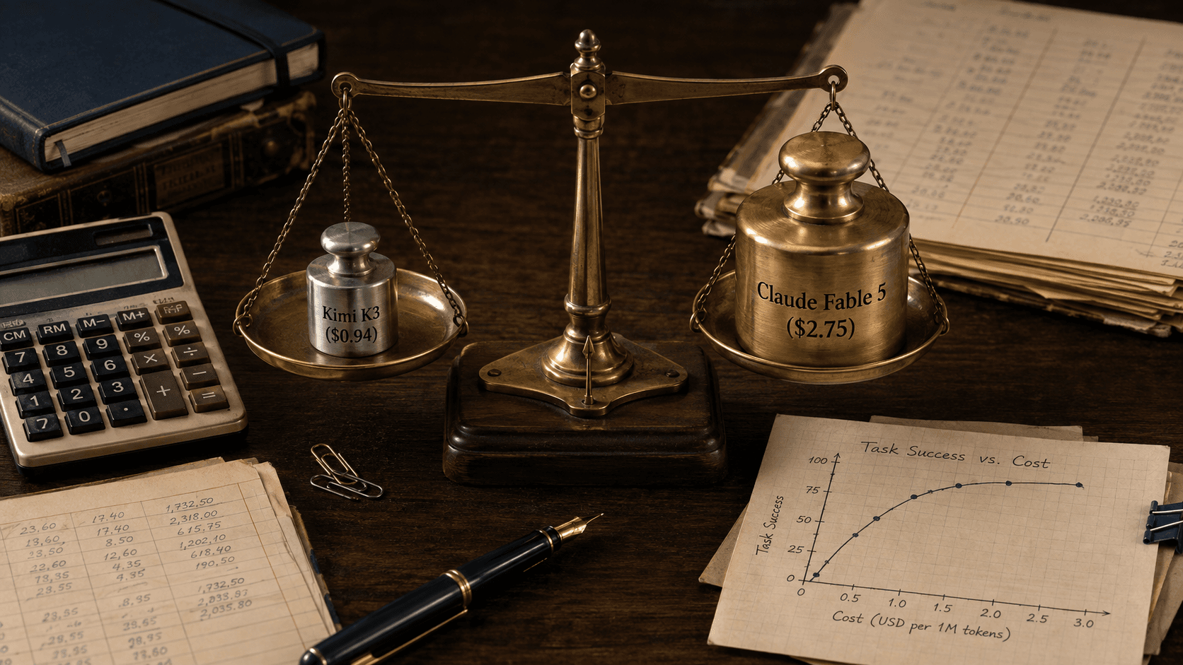 A brass balance scale weighing a small weight labeled Kimi K3 ($0.94) against a larger one labeled Claude Fable 5 ($2.75), beside a hand-drawn Task Success vs. Cost chart