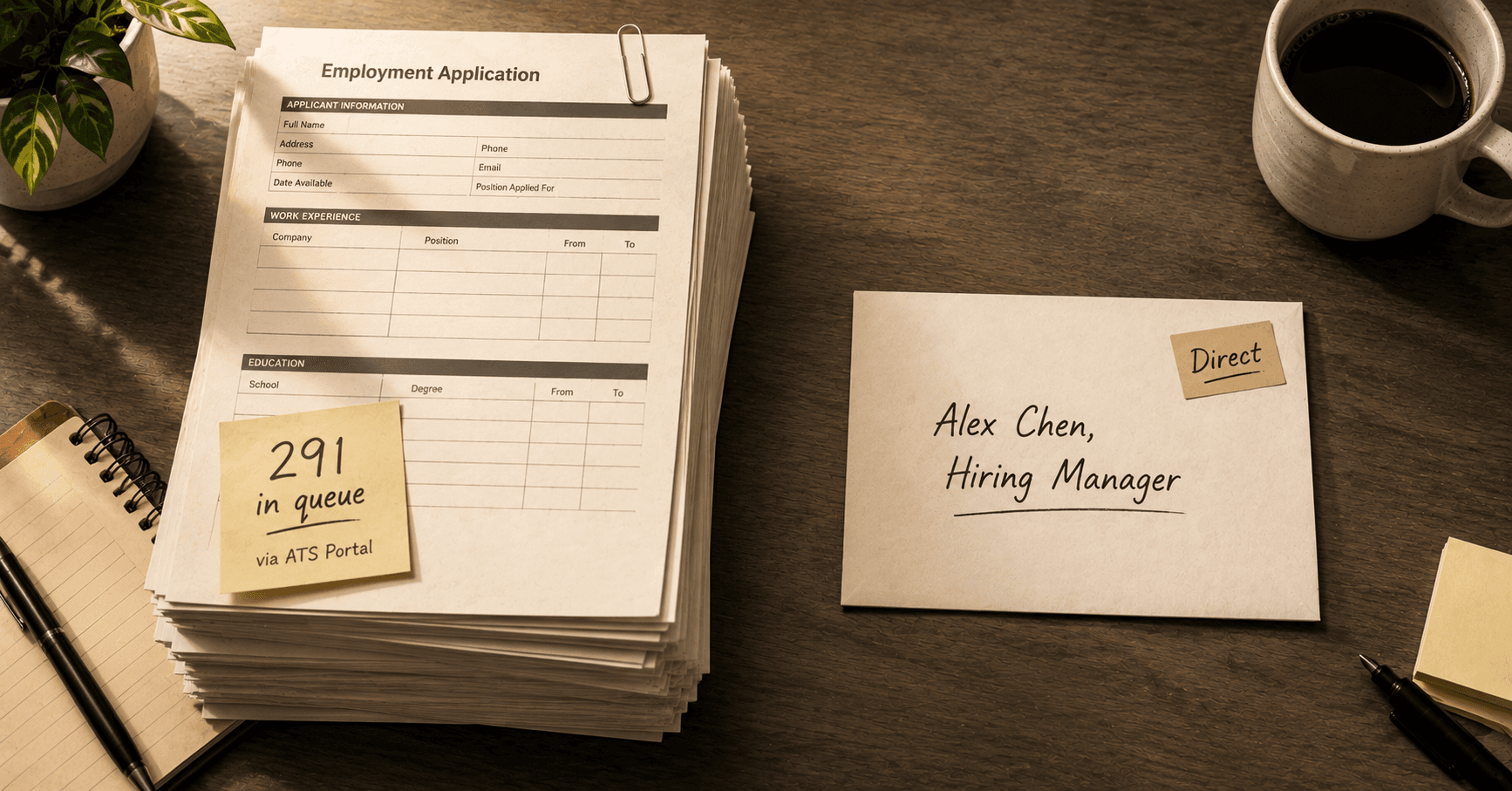 A thick stack of employment applications with a sticky note reading '291 in queue via ATS Portal' beside a hand-addressed envelope marked 'Direct' to Alex Chen, Hiring Manager