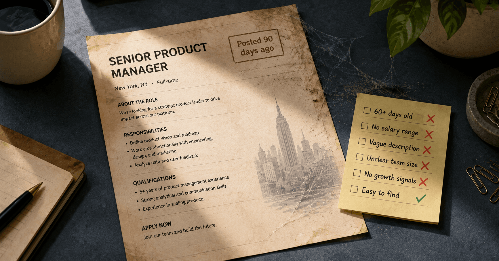 An aged job posting for a Senior Product Manager stamped 'Posted 90 days ago', covered in cobwebs, next to a sticky-note checklist of ghost-job red flags: 60+ days old, no salary range, vague description, unclear team size, no growth signals