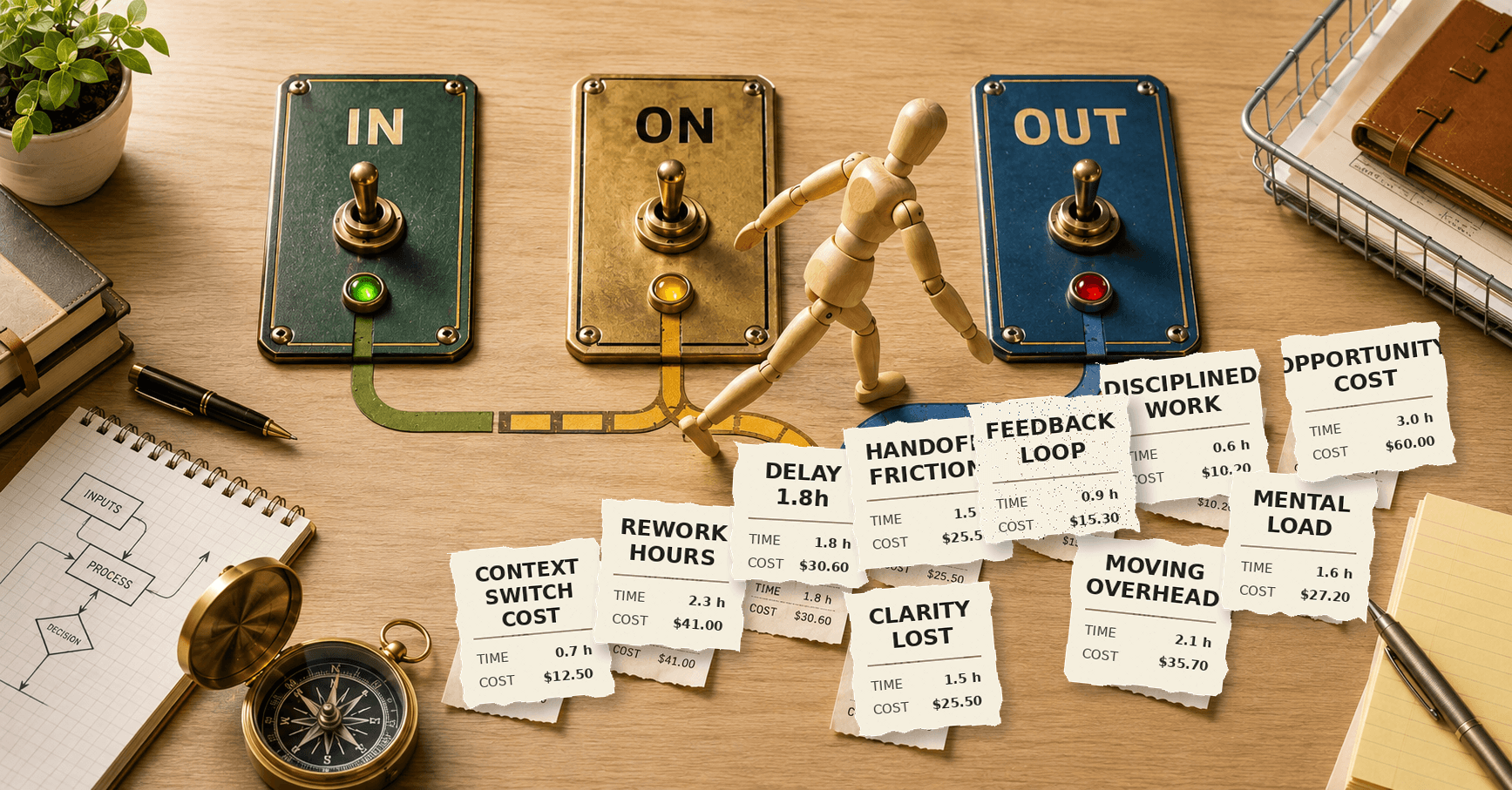 Three brass toggle switches on a desk labelled IN, ON and OUT, wired to coloured circuit paths, with a wooden artist mannequin striding between them and a scattered pile of paper receipts tallying the time and money lost to context switching, rework, delay and handoff friction