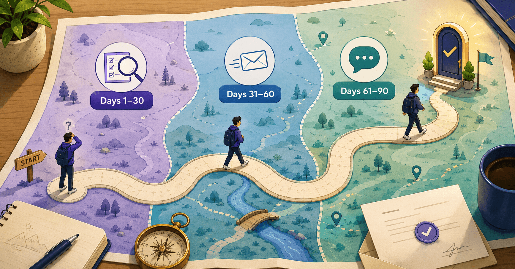 A 90-day new grad job search laid out as a map: days 1 to 30 targeting and building, days 31 to 60 applying and making network contact, days 61 to 90 converting screens to offers