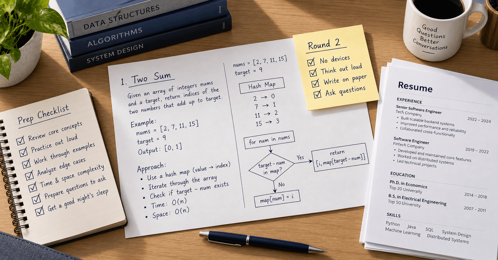 A desk set up for an in-person interview: a Two Sum problem worked out by hand on paper with a hash map and a flowchart, a prep checklist notebook, a printed resume, and a pen — with a sticky note reading Round 2, No devices, Think out loud, Write on paper, Ask questions. No laptop or phone anywhere in frame.