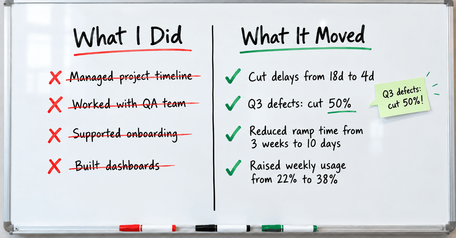 Whiteboard with two columns. Under 'What I Did', activities are crossed out: managed project timeline, worked with QA team, supported onboarding, built dashboards. Under 'What It Moved', outcomes are ticked: cut delays from 18 days to 4, cut Q3 defects 50%, reduced ramp time from 3 weeks to 10 days, raised weekly usage from 22% to 38%.