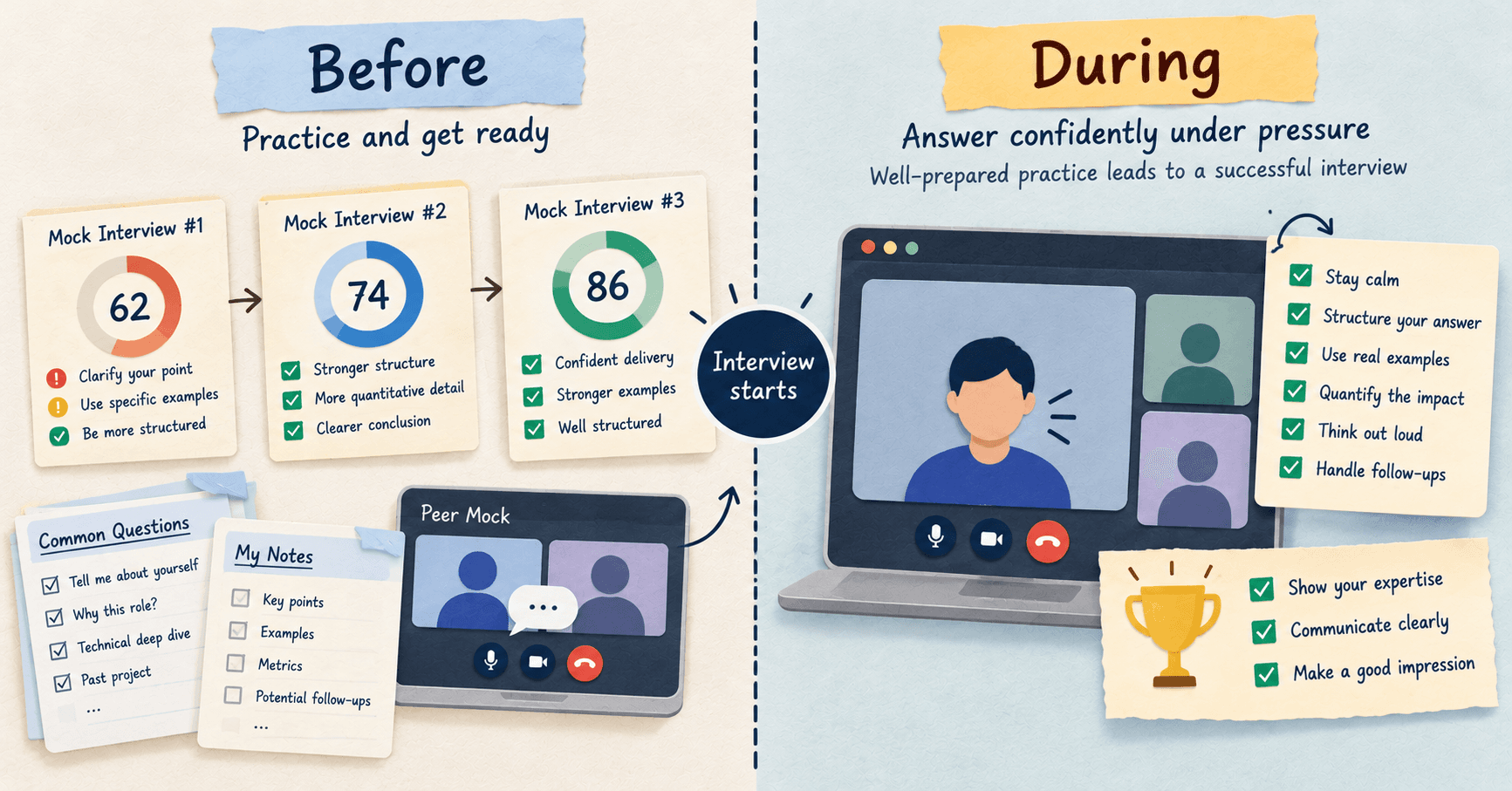 Two-panel illustration split by a dashed line. Before: three mock interview score cards rising from 62 to 74 to 86, with question notes and a peer mock video call. During: a candidate on a video interview beside a checklist such as Stay calm and Structure your answer.