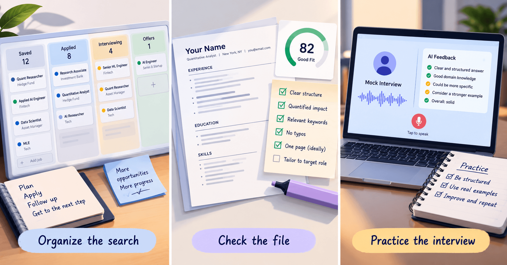 Three-panel illustration. Organize the search: a job board with Saved, Applied, Interviewing and Offers columns. Check the file: a resume with an 82 Good Fit score and a checklist. Practice the interview: a laptop running a mock interview with AI feedback.