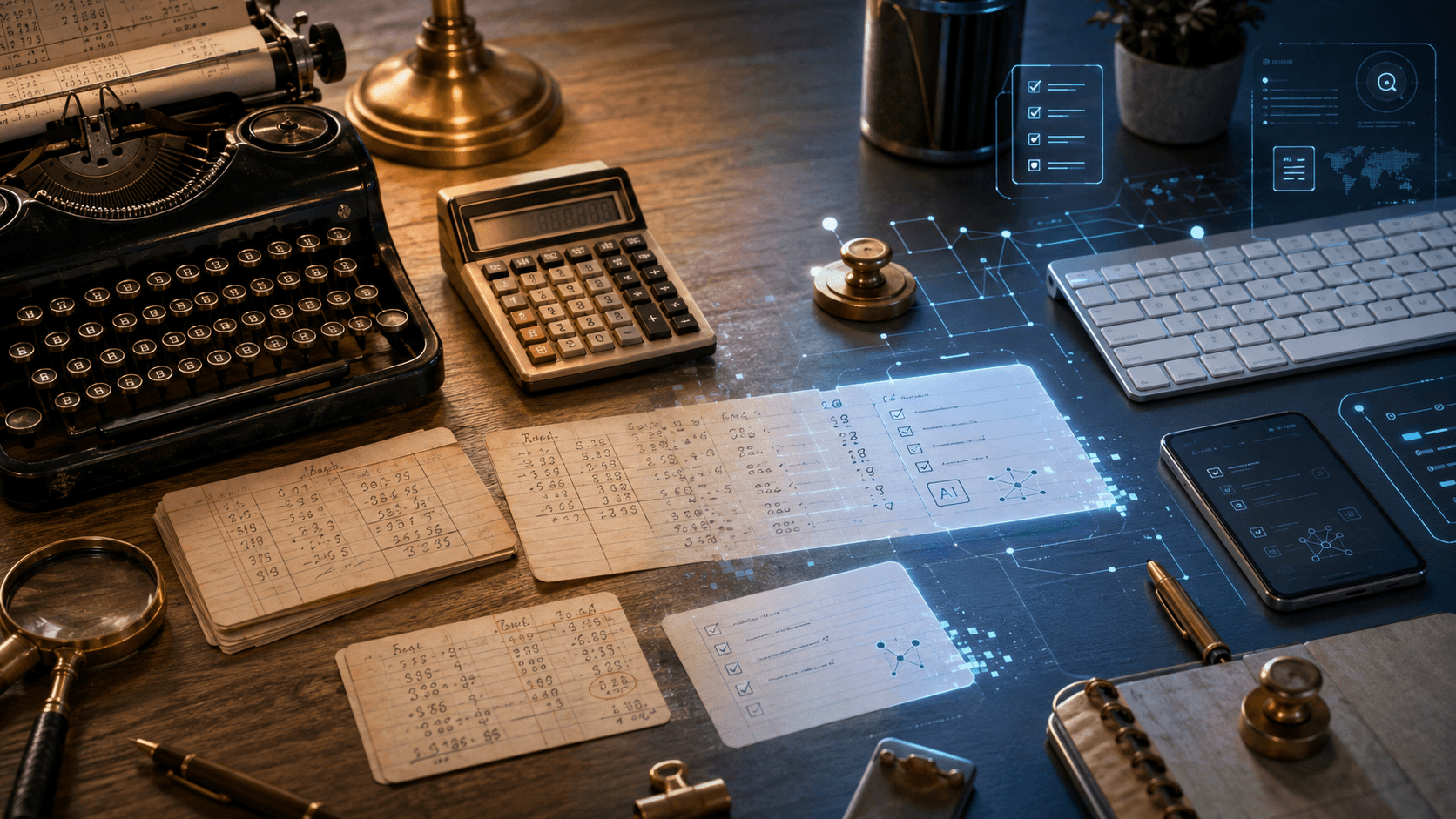 A desk split between analog and AI-assisted work: a typewriter, calculator and handwritten ledger cards on one side, the same cards continuing as glowing digital checklists beside a keyboard and phone