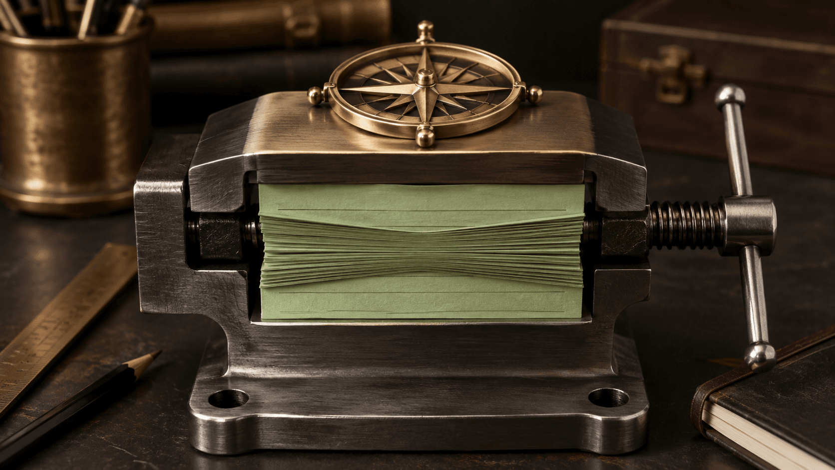 A machinist's vise compressing a thick stack of printed code listings until the middle is squeezed thin, with a brass compass rose mounted on top