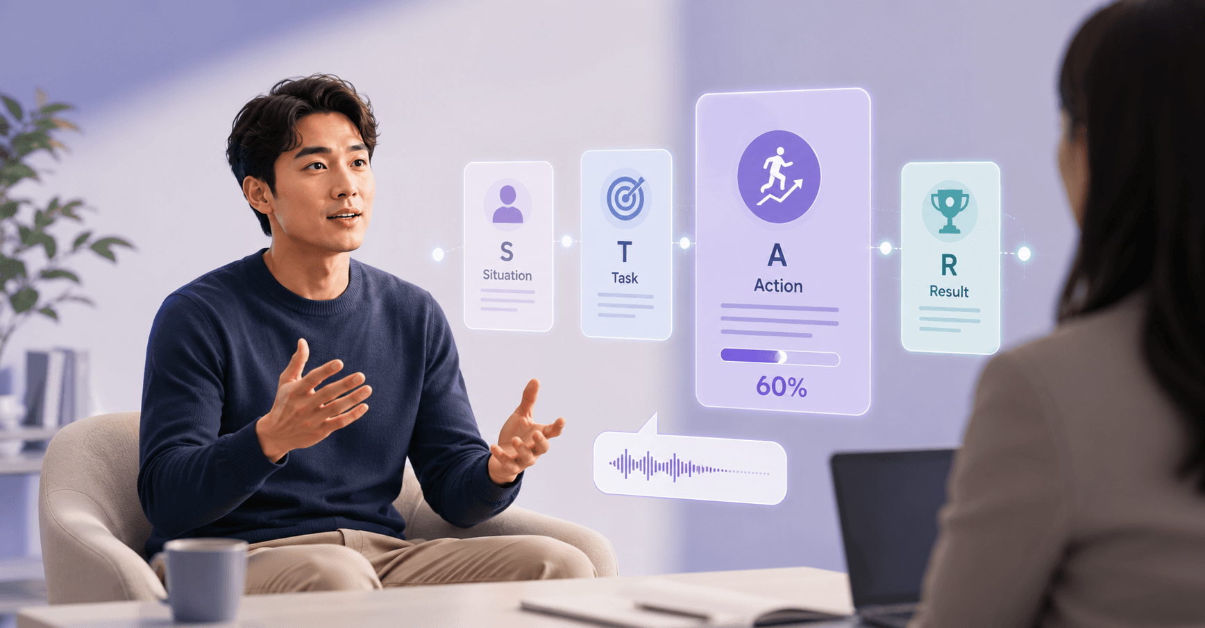 A job candidate answers a behavioral interview question across from an interviewer while four floating cards labeled Situation, Task, Action, and Result illustrate the STAR method, with the Action card emphasized at 60%.