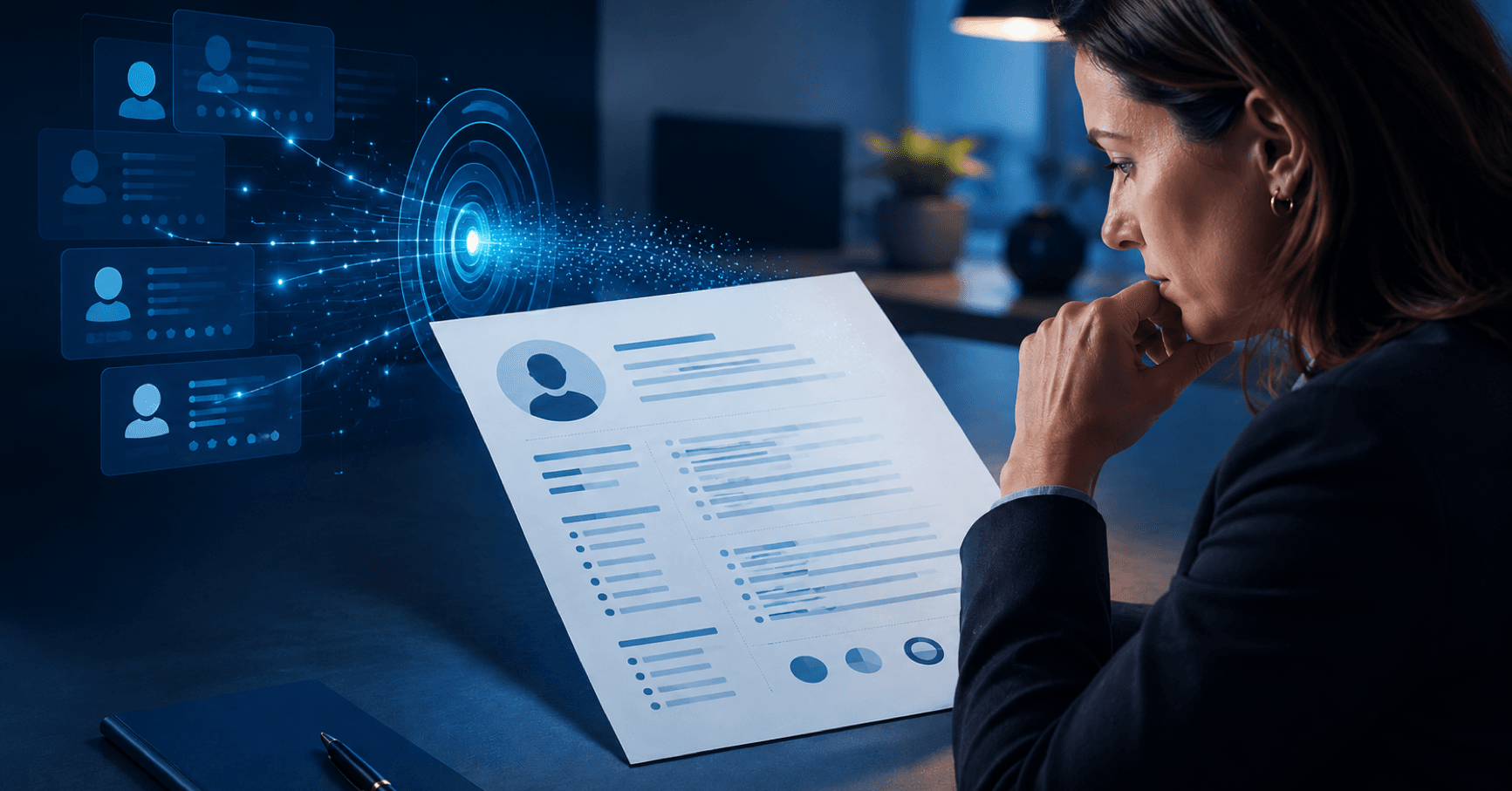 A recruiter reviews a résumé as an AI system scans it, candidate profiles floating alongside in a blue-lit office.