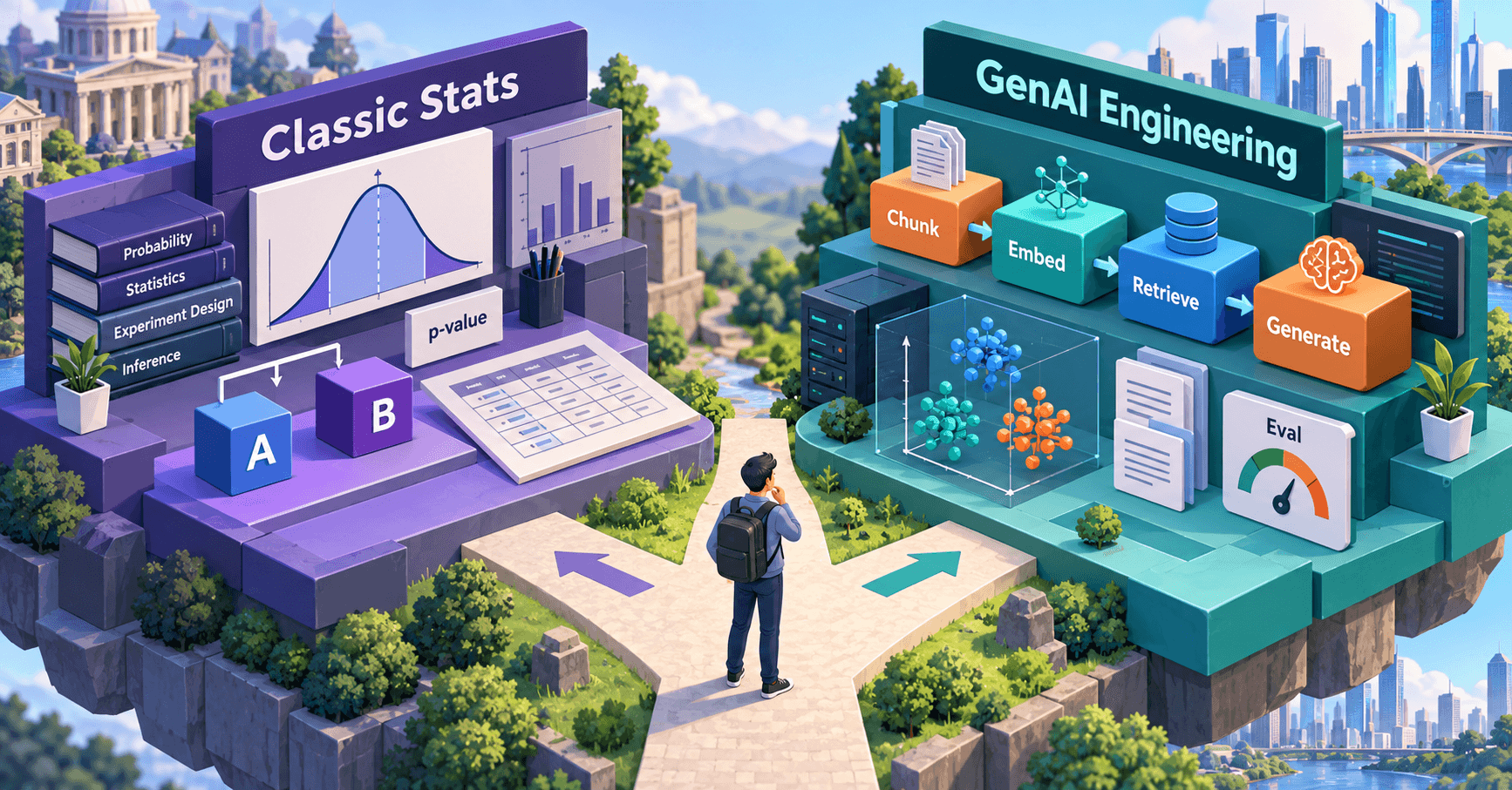 Isometric illustration of a job candidate with a backpack standing at a fork in a path. On the left, a purple Classic Stats platform holds books on probability, statistics, experiment design and inference, A and B test blocks, a bell curve and a p-value card. On the right, a teal GenAI Engineering platform shows a chunk, embed, retrieve and generate pipeline, a vector-embedding cube and an eval gauge.
