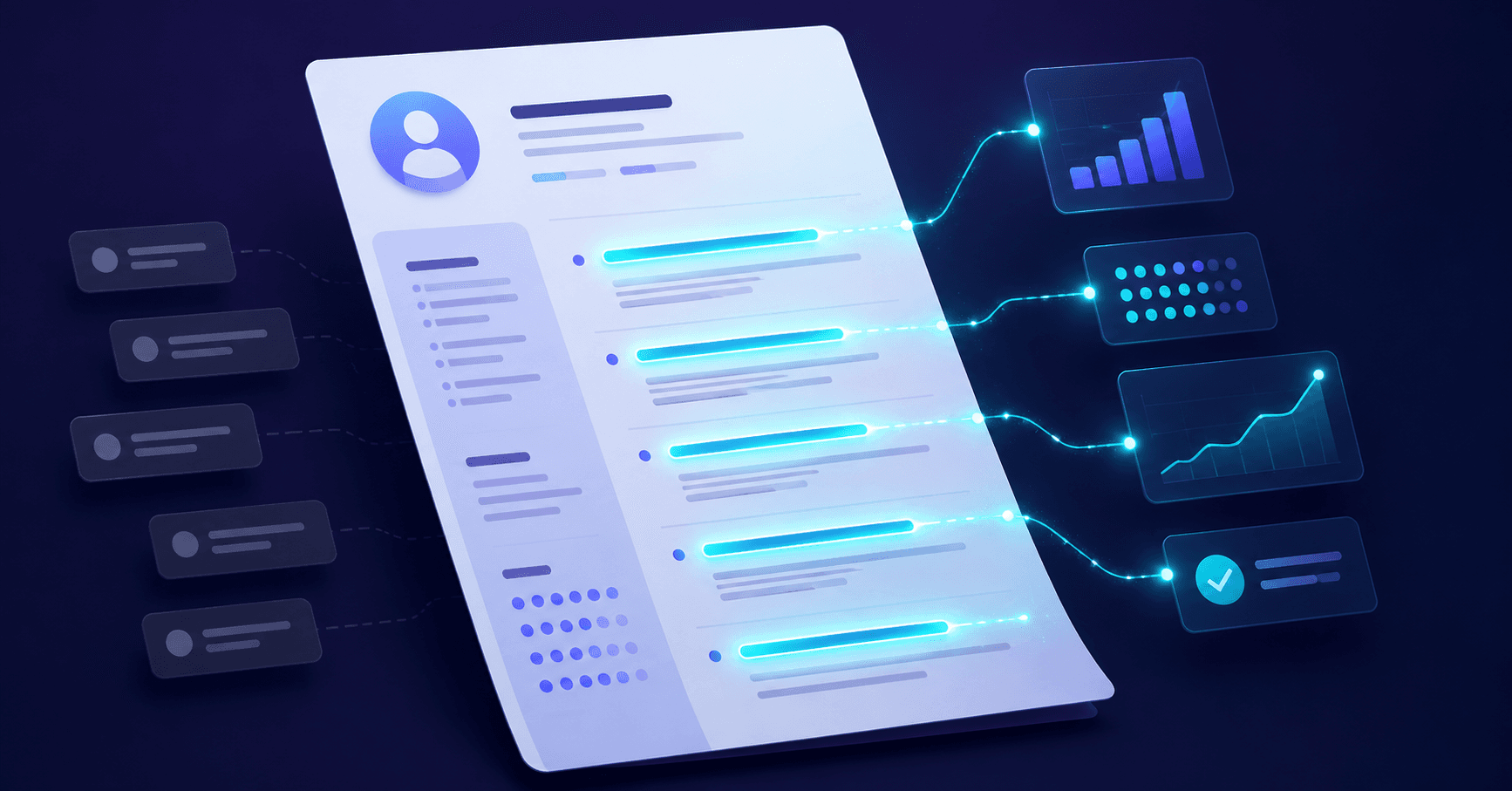 A resume with highlighted keyword bullets connecting by glowing lines to charts, data panels, and a verification checkmark, showing that keywords now need supporting evidence.