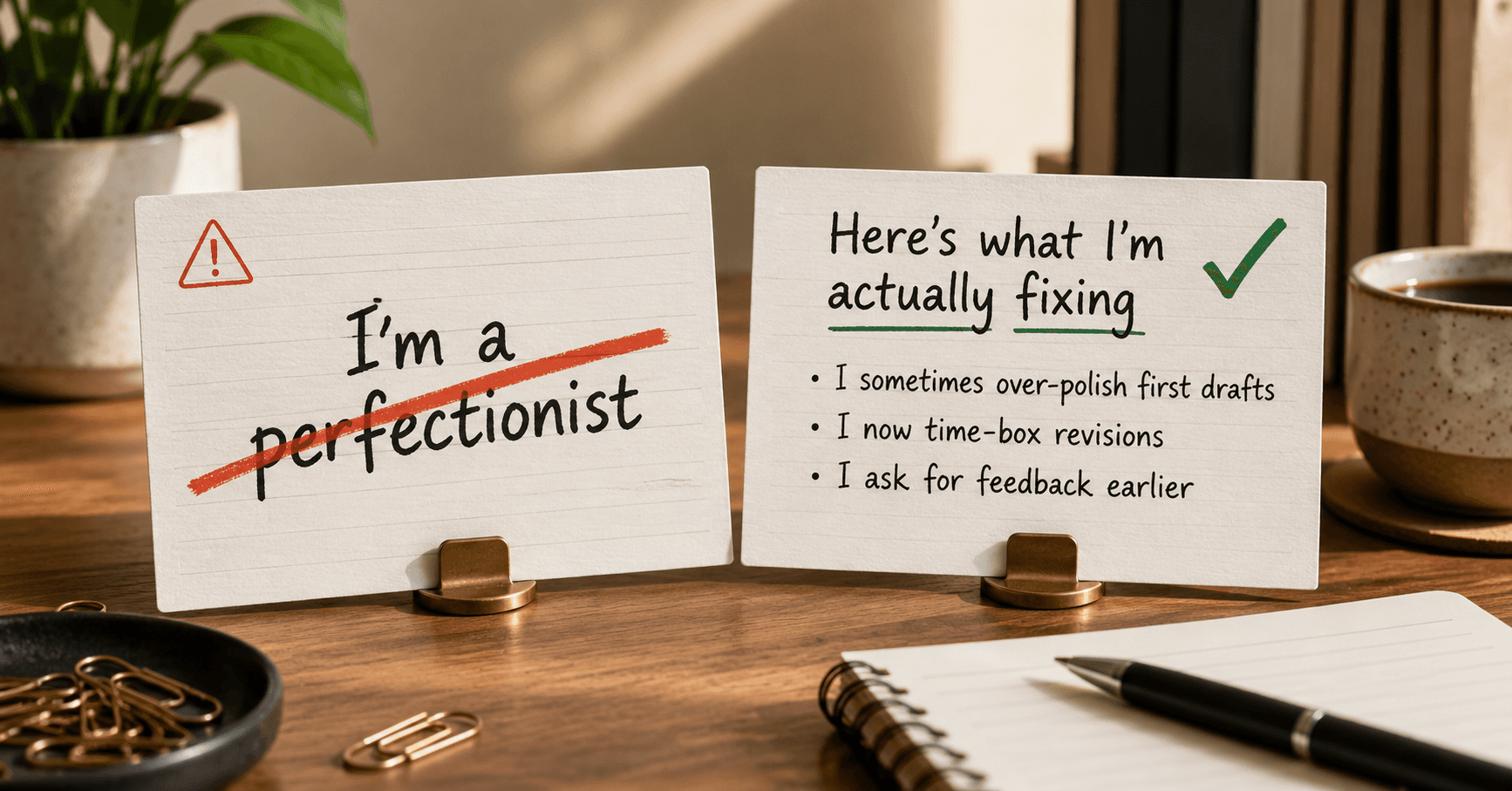 Two index cards standing on a wooden desk: one with 'I'm a perfectionist' crossed out in red under a warning sign, the other titled 'Here's what I'm actually fixing' with a green check mark and three honest improvement bullets.