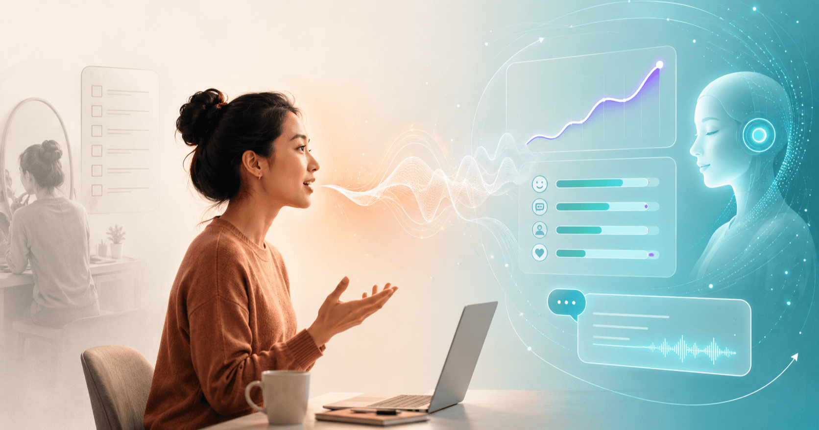 A person speaking, their voice shown as a colorful waveform flowing into a rising score graph and structured AI feedback, with a faded old-style mirror-and-checklist prep scene in the background.