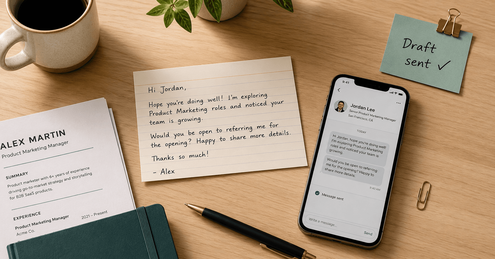 Illustration for How to Ask for a Warm Intro: a short, specific message opening a door that a stack of cold applications could not