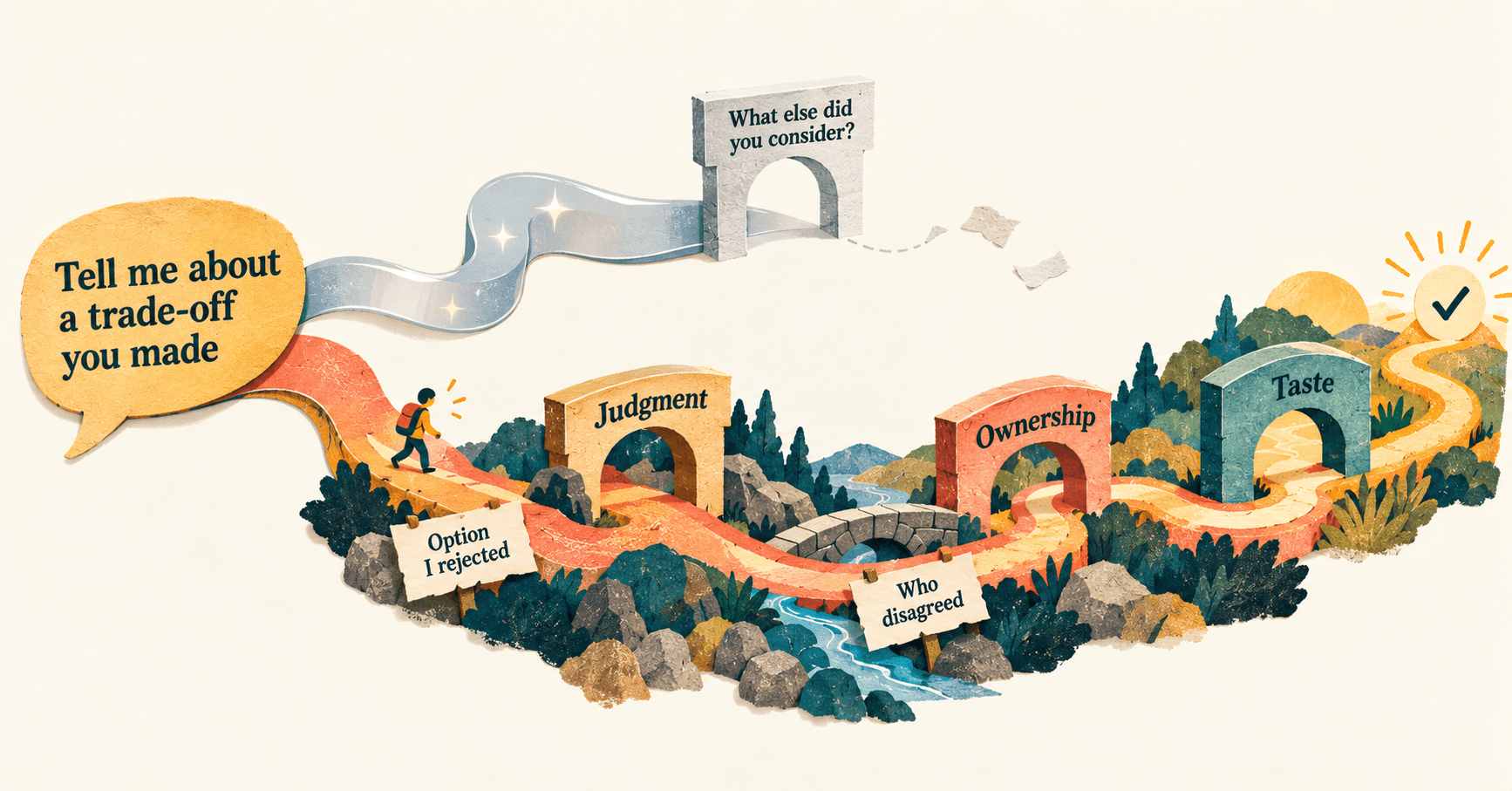 A paper-cut landscape. A speech bubble asks 'Tell me about a trade-off you made'. A glossy ribbon drifts off toward an arch labelled 'What else did you consider?' and breaks into torn scraps, while a hiker walks a red path through stone arches labelled Judgment, Ownership and Taste, past signs reading 'Option I rejected' and 'Who disagreed', toward a check mark in the sun.