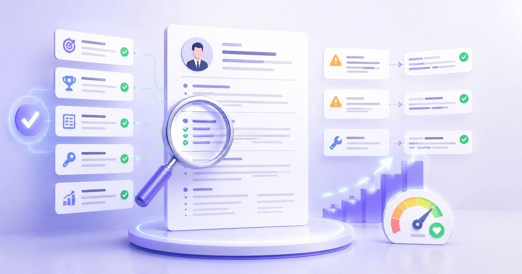 A resume being checked against a list, with strong points marked and weak points flagged for fixing.