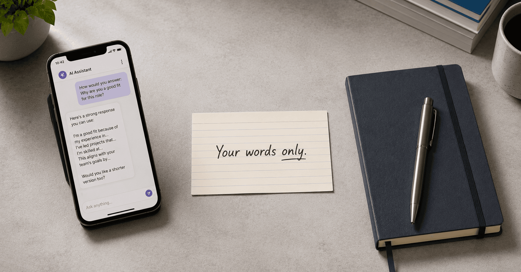 A phone showing an AI assistant drafting a scripted answer to the interview question 'Why are you a good fit for this role?', beside a handwritten index card that reads 'Your words only.' and a closed notebook with a pen