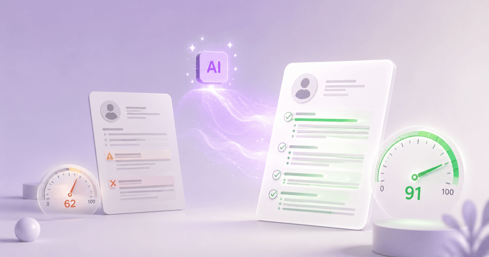 A greyed before resume scoring 62 with flagged issues transforming into a polished after resume scoring 91 with green checkmarks, linked by a glowing AI chip.