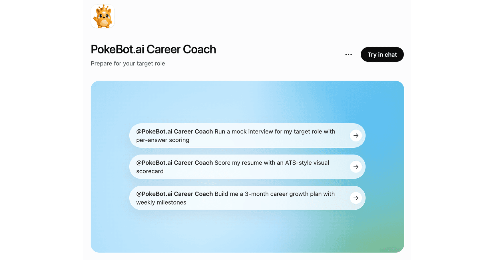 The public PokeBot.ai Career Coach listing in the ChatGPT plugin directory: Pokie the mascot, the Try in chat button, and three one-tap example prompts for mock interviews, resume scoring, and growth plans.