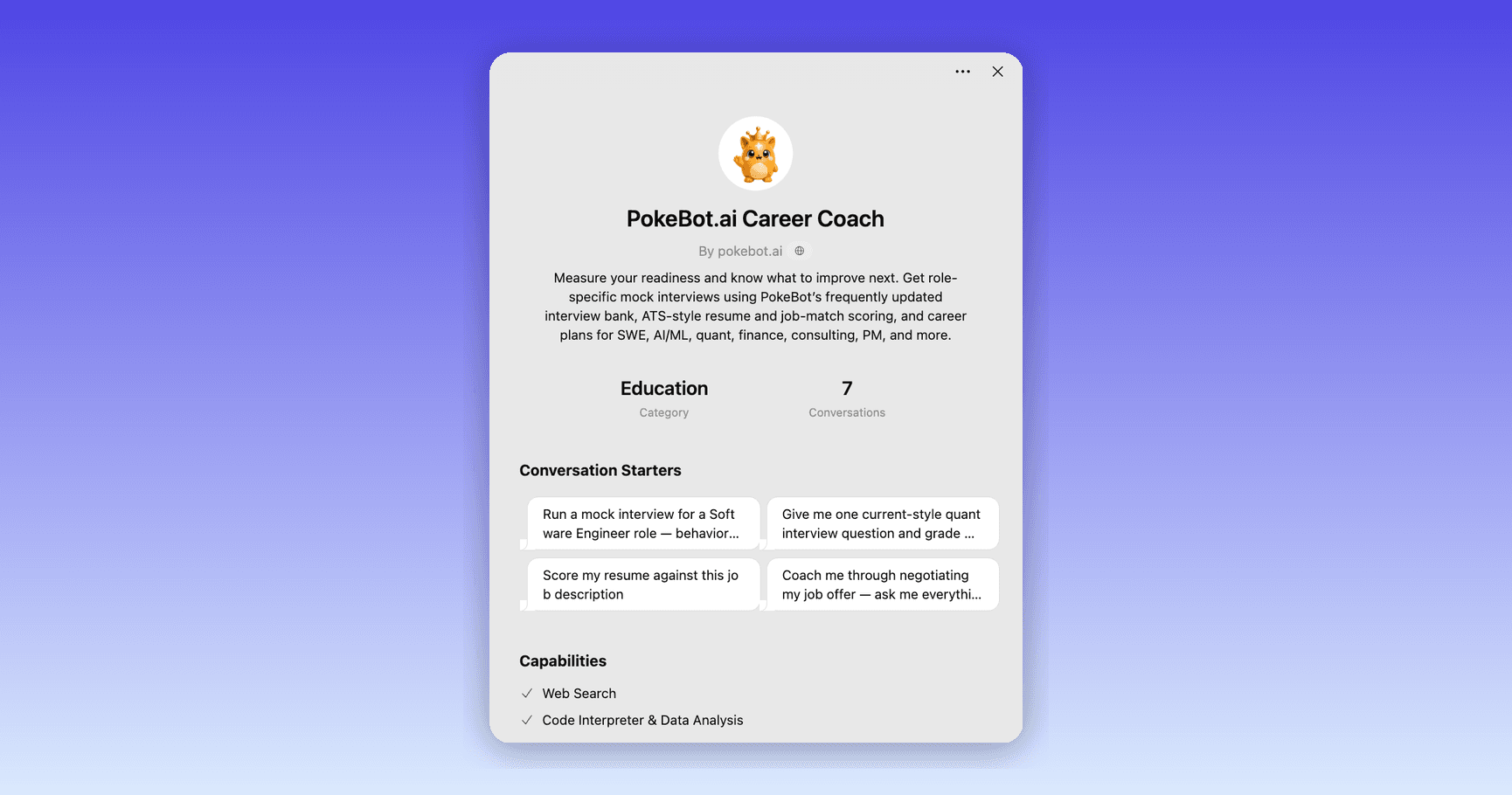 The PokeBot.ai Career Coach GPT listing in the ChatGPT GPT Store, showing the Pokie mascot, description, Education category, and four conversation starters, on an indigo gradient.
