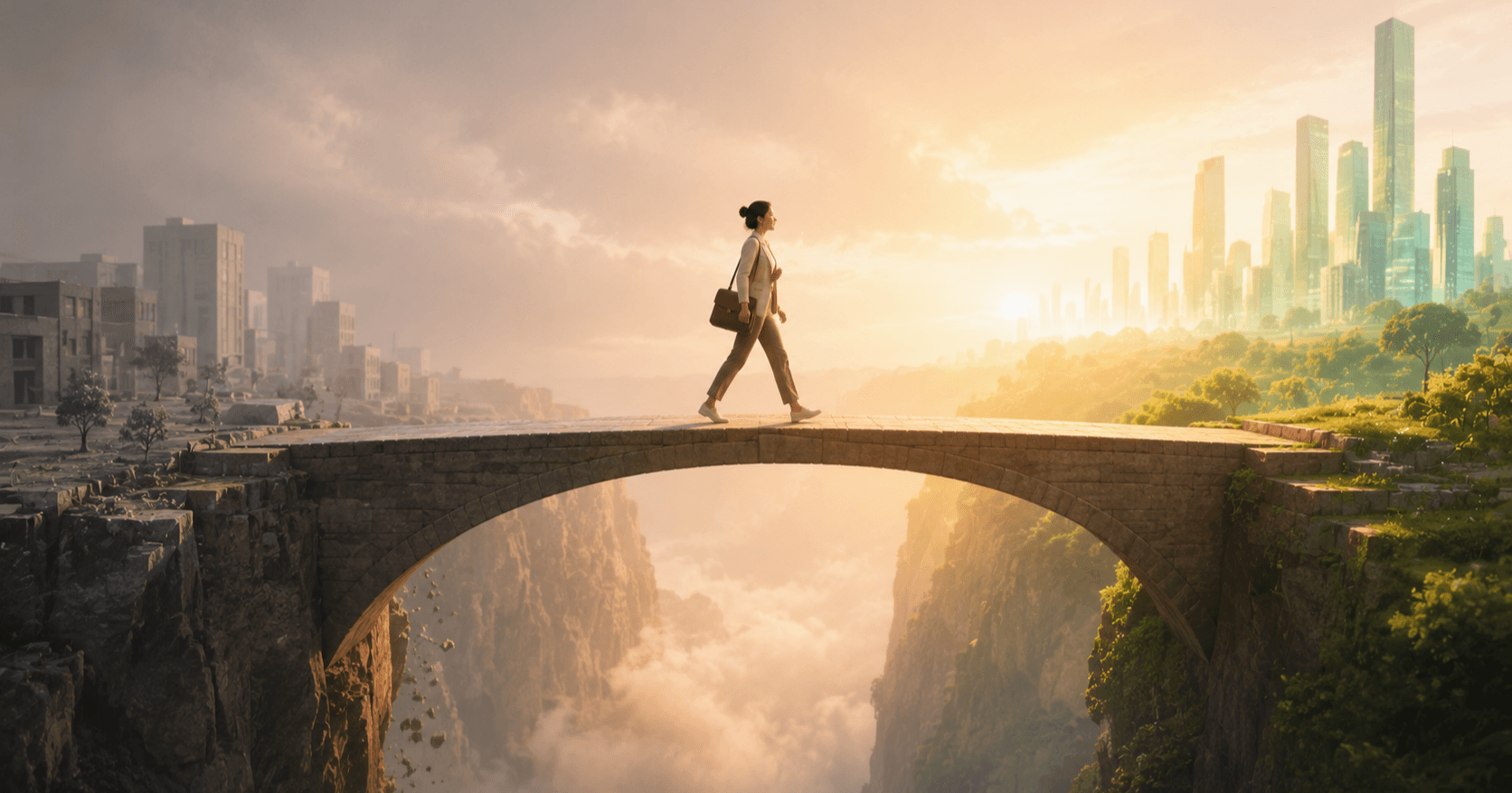 A professional carrying a laptop bag crosses a stone bridge over a deep chasm, leaving a grey old-city skyline for a bright sunlit new-city skyline at sunrise.