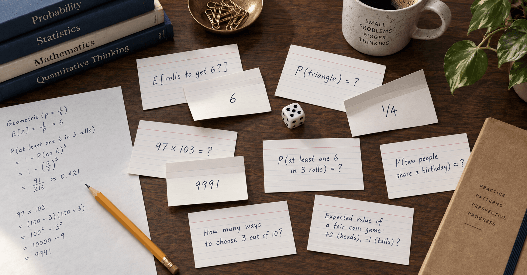 Handwritten index cards of quant interview questions on a desk, with answers on some: expected rolls to get a 6 (6), the broken-stick triangle (1/4) and 97 × 103 (9991), next to a die, a sheet of worked math and books on probability and statistics.