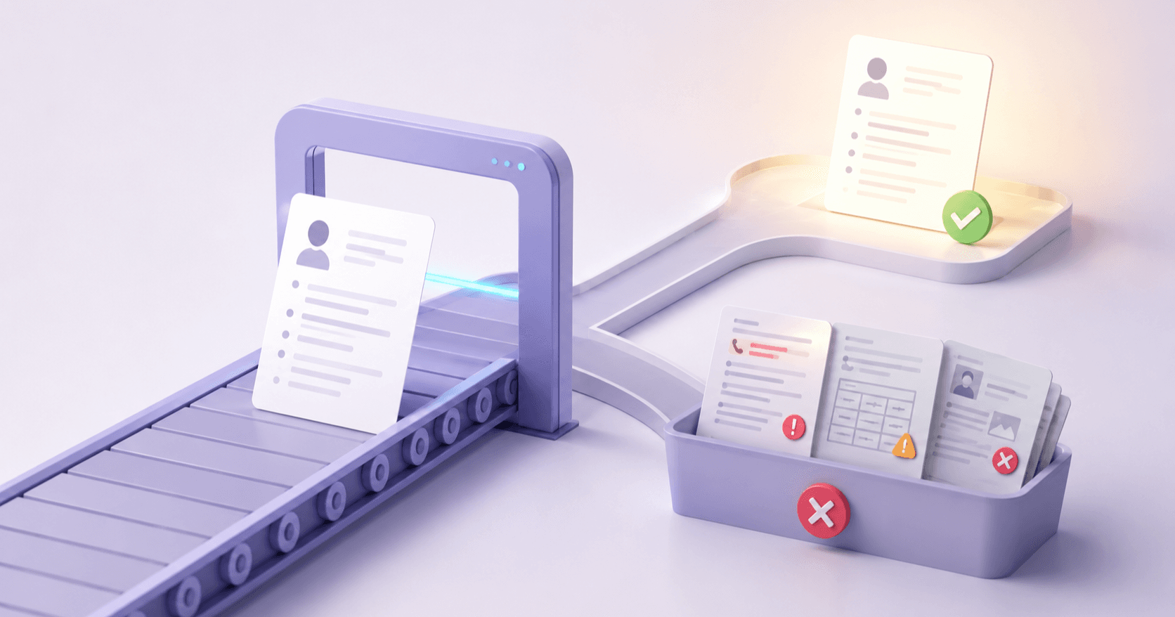 A resume on a conveyor passing through an automated scan gate, then sorted into an accepted resume with a green check and a bin of rejected resumes marked with red crosses and warning flags.