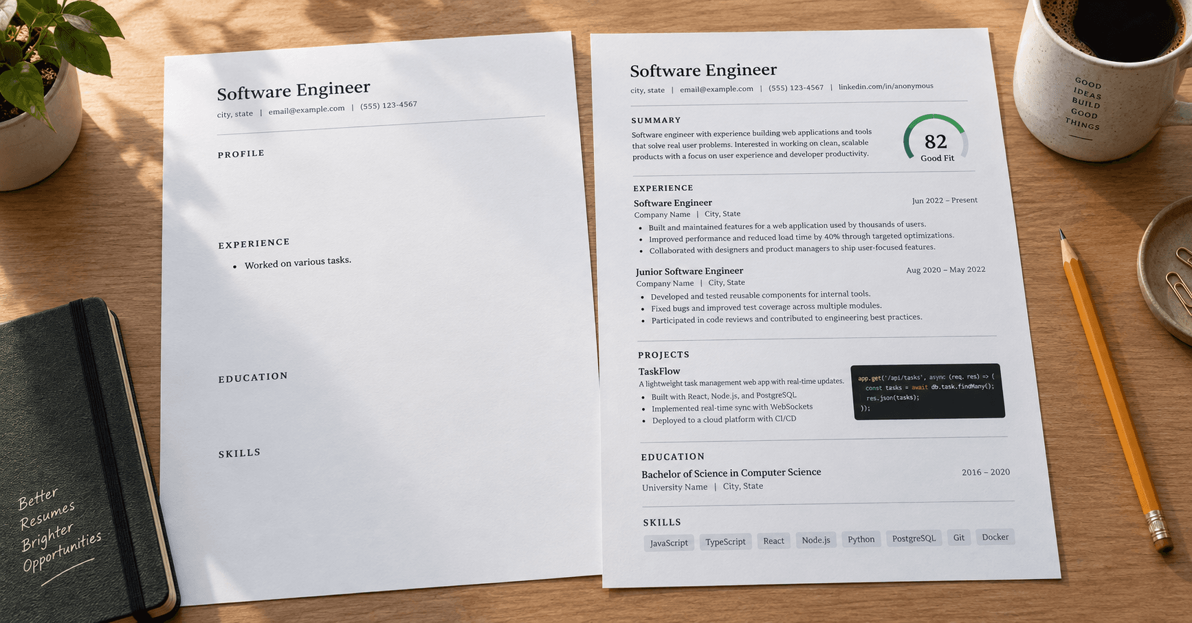 Two resumes side by side on a desk: a sparse one with empty sections next to a filled-in one with a projects section, skill tags and a score gauge reading 82 Good Fit.