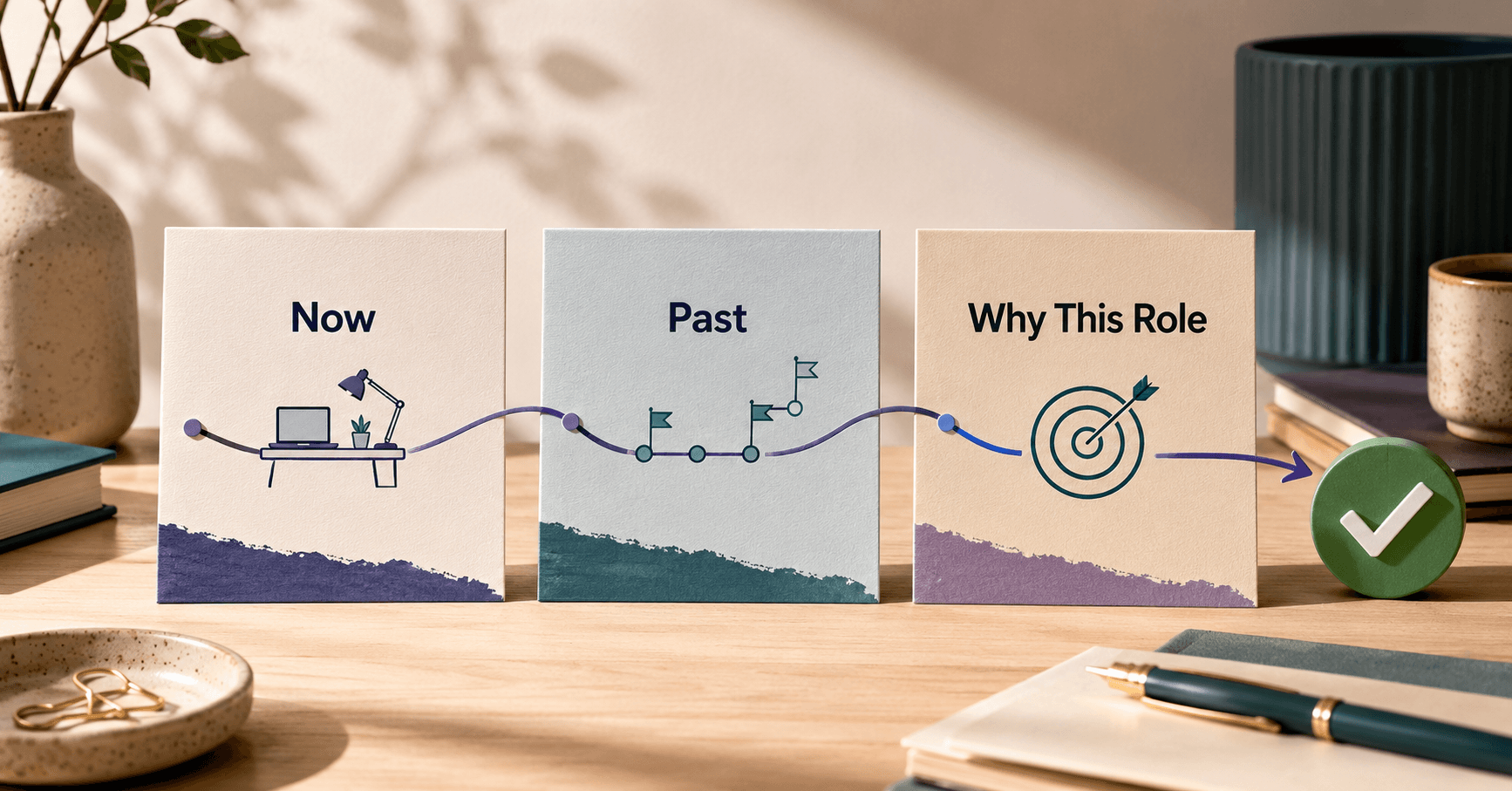 Three index cards standing on a warm wooden desk labeled Now, Past, and Why This Role, connected by a purple thread that flows through each card and resolves into a green checkmark.