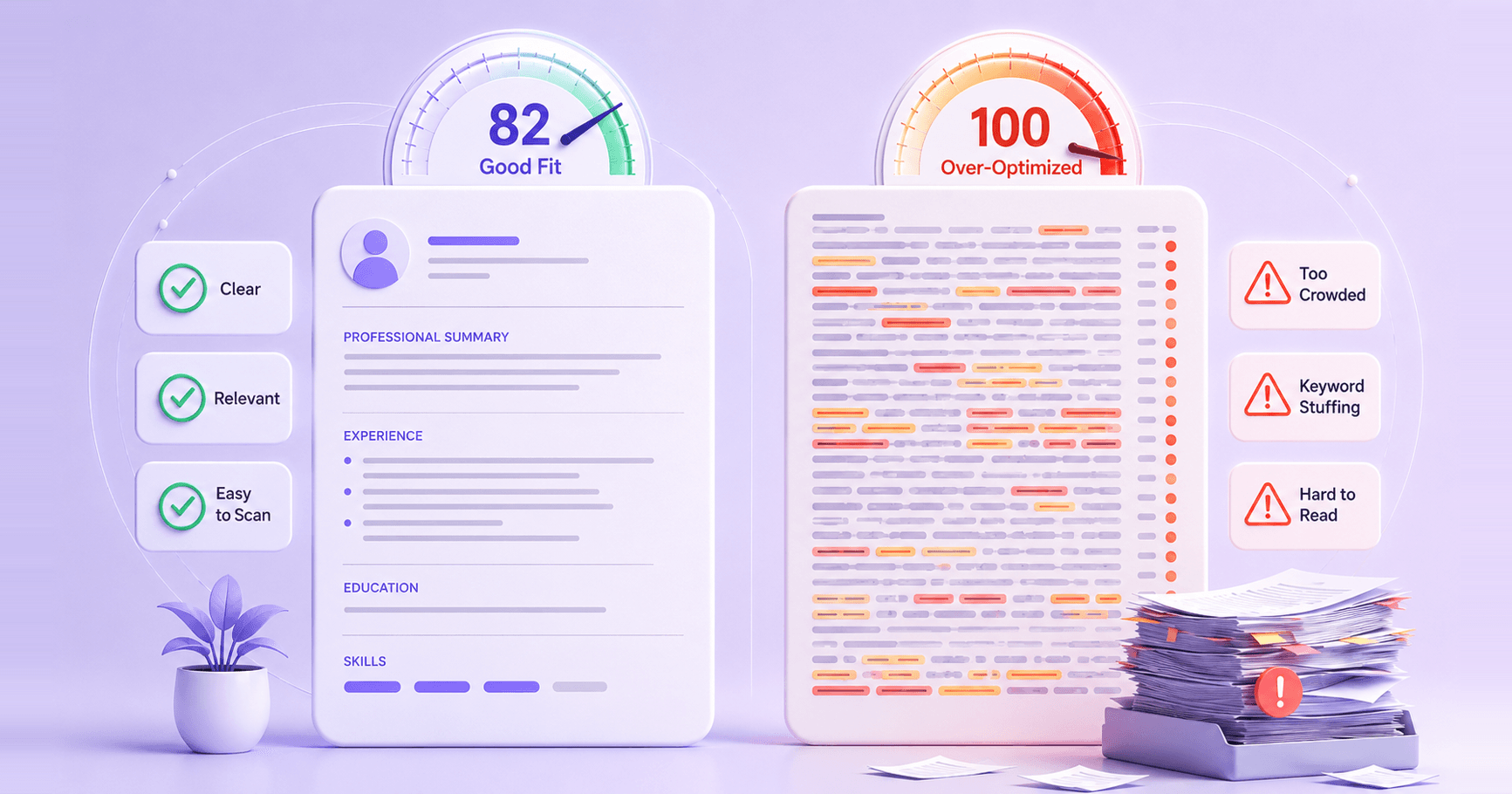 Two resumes side by side: a clean, scannable resume scored 82 and labeled Good Fit (Clear, Relevant, Easy to Scan), versus a keyword-stuffed resume scored 100 and labeled Over-Optimized (Too Crowded, Keyword Stuffing, Hard to Read).