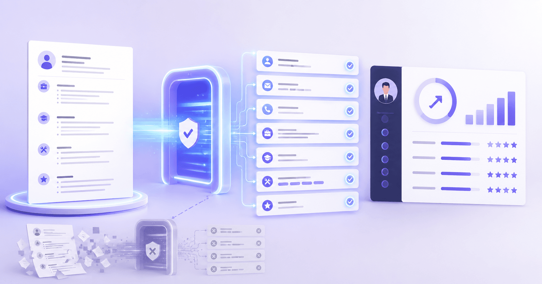 A résumé passing cleanly through a glowing applicant tracking system toward a results dashboard.