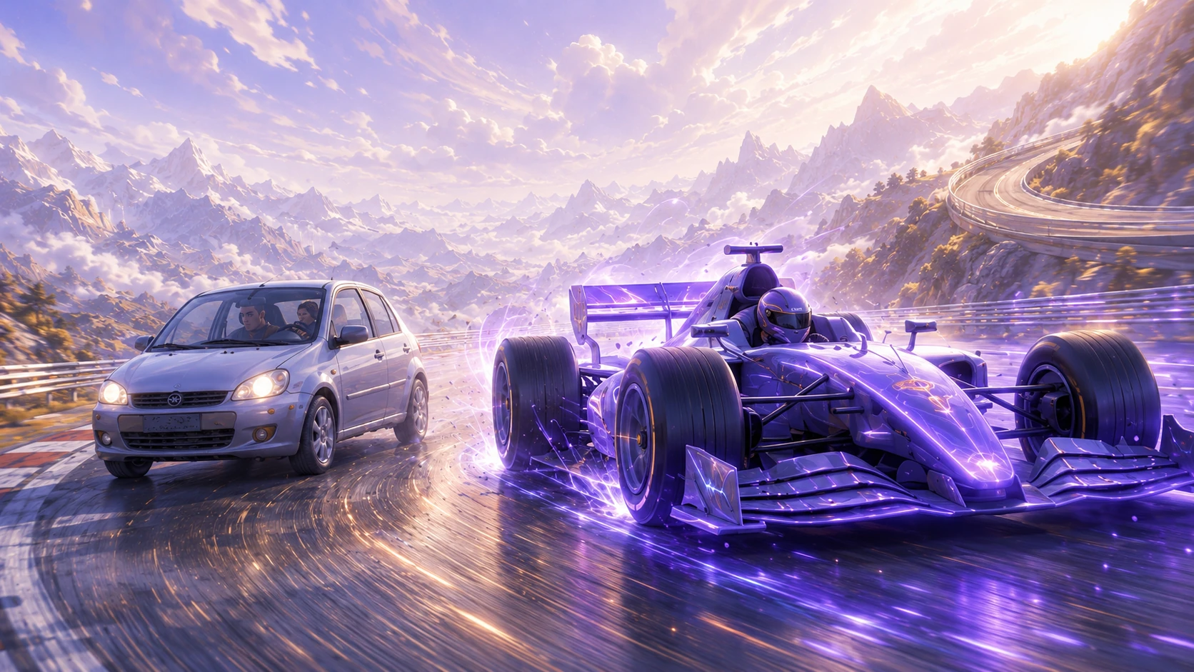 Two people both using AI, one in an entry-level car and one in an F1 car, showing operating skill is the difference.