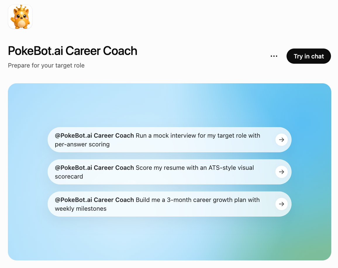The public PokeBot.ai Career Coach listing in ChatGPT, with one-tap example prompts ready to run